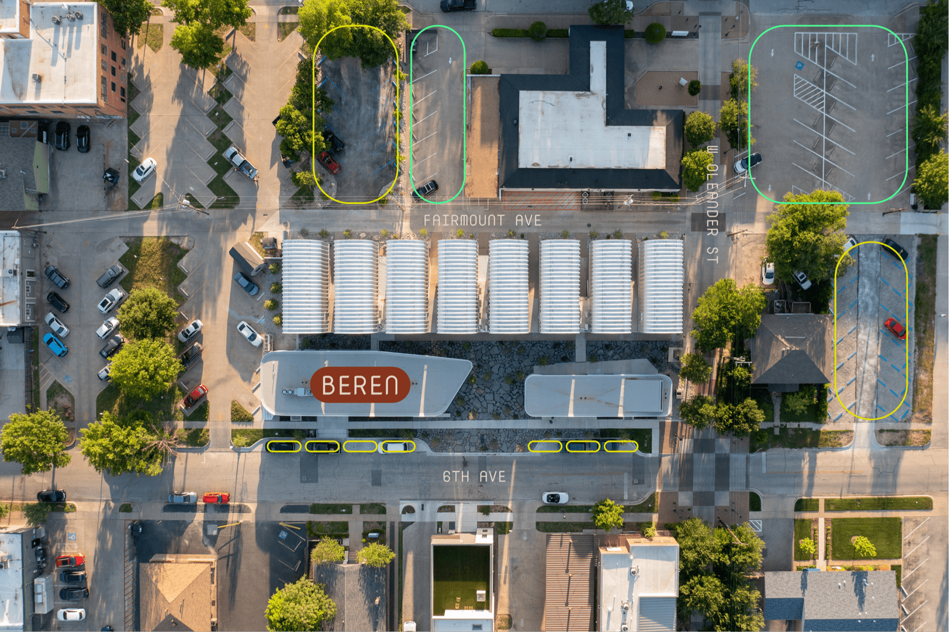 Aerial view of BEREN restaurant location with parking areas highlighted